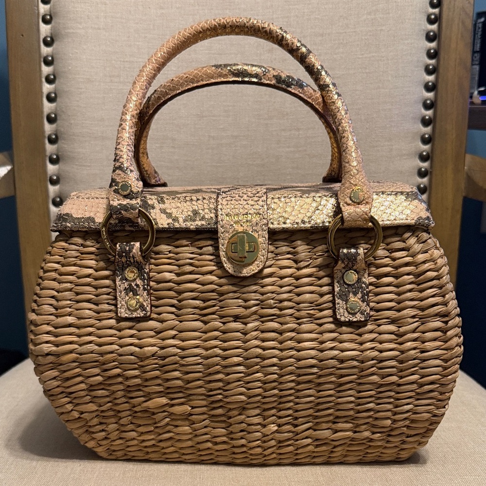 Kate Spade Brown Woven Wicker Satchel with Snakeskin Accents